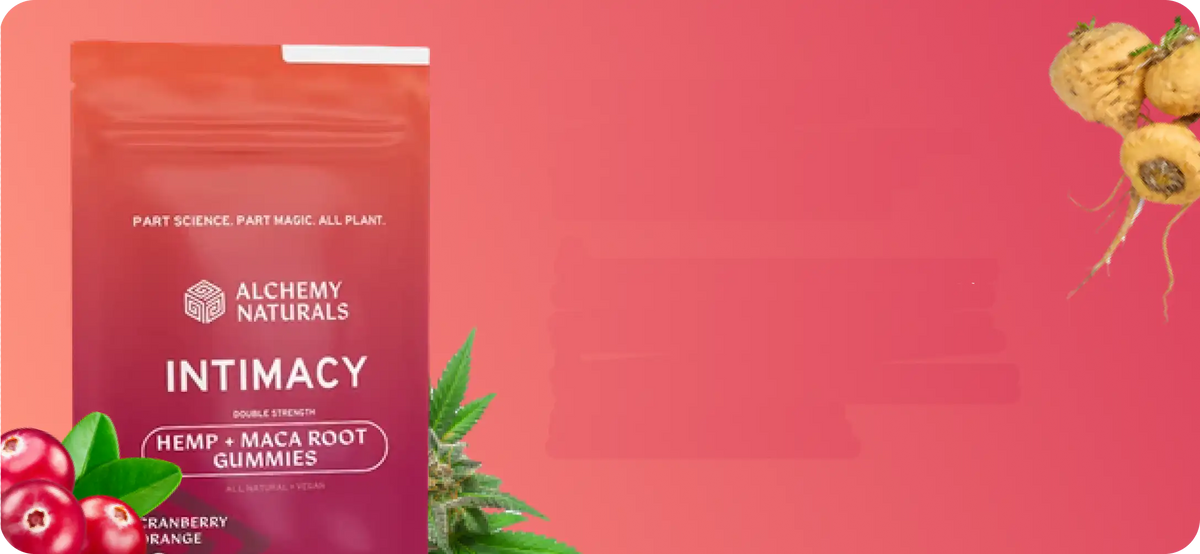 Alchemy Naturals Intimacy hemp and maca root gummies pouch