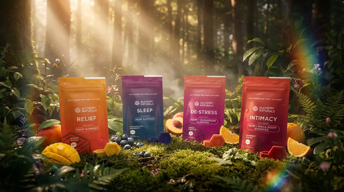 Alchemy Naturals hemp gummies in a forest setting