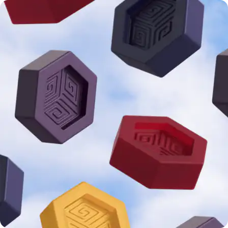 Hexagonal hemp gummies floating against a blue sky