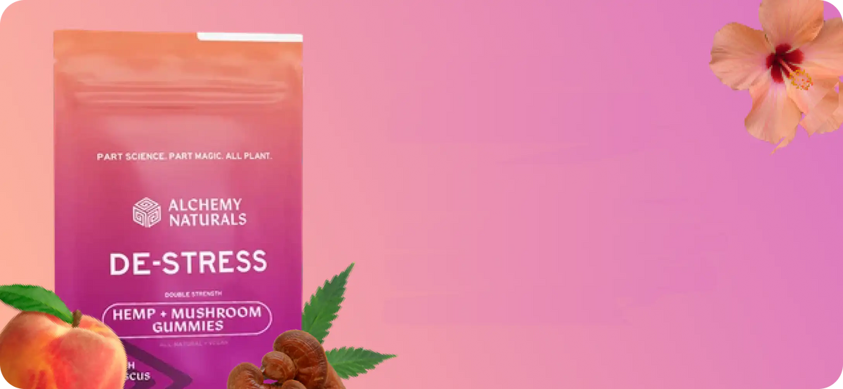 Alchemy Naturals De-Stress hemp and mushroom gummies pouch